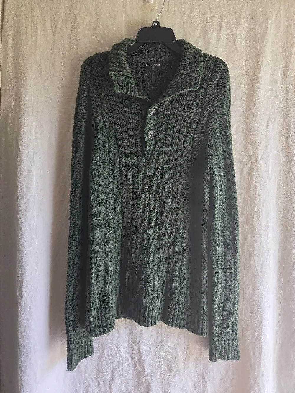 Banana Republic Sweater Mens Large Green Cable Knit Mockneck Pullover Cotton